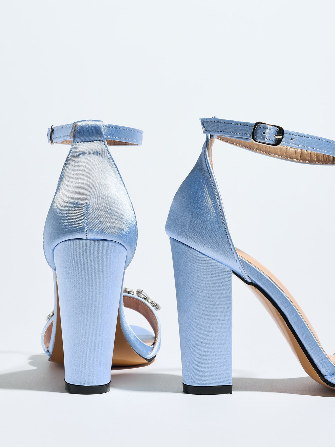 Mescini light blue crystal strap block heel sandals, seen from behind on white, US women's sizes