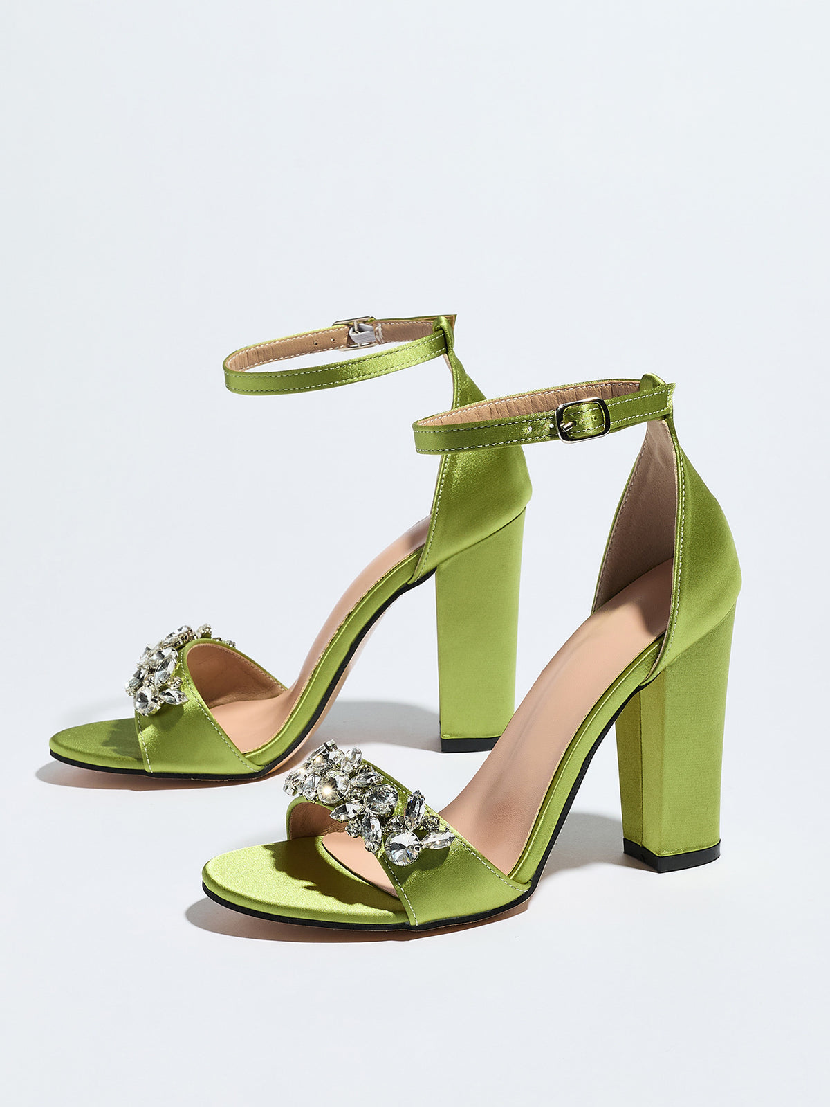 Mescini olive crystal strap block heel sandals, full side view of the pair, US women's sizes