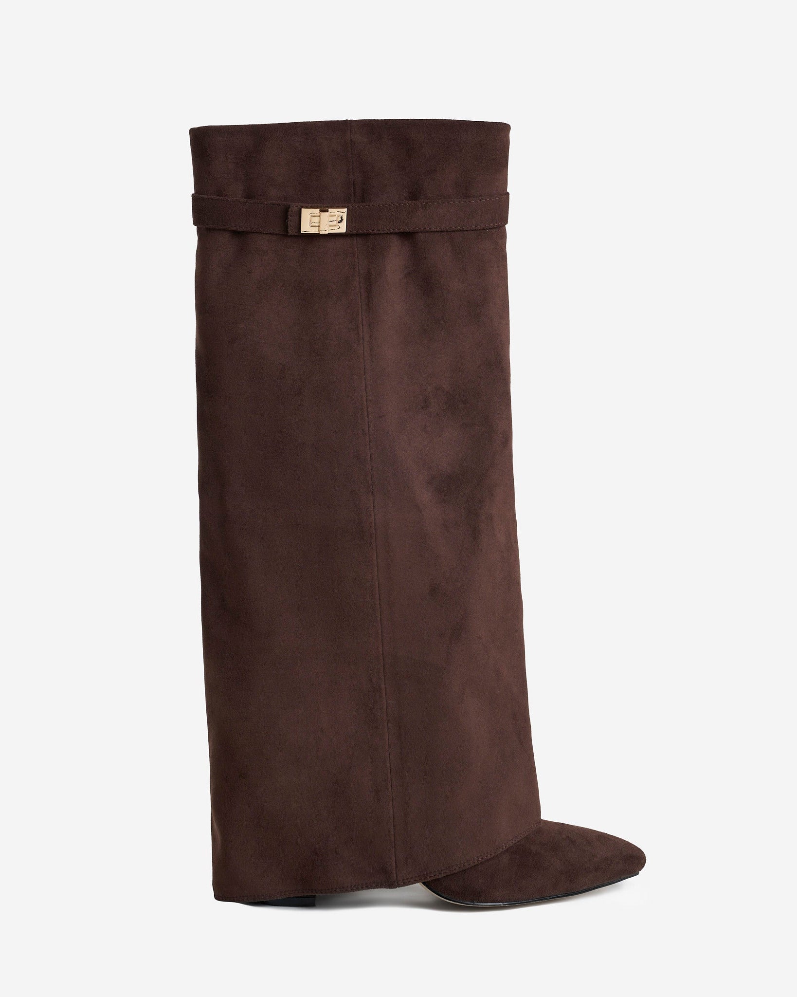 Mescini dark brown fold over knee high boots, full side view on a studio backdrop, US sizes