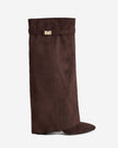 Mescini dark brown fold over knee high boots, full side view on a studio backdrop, US sizes