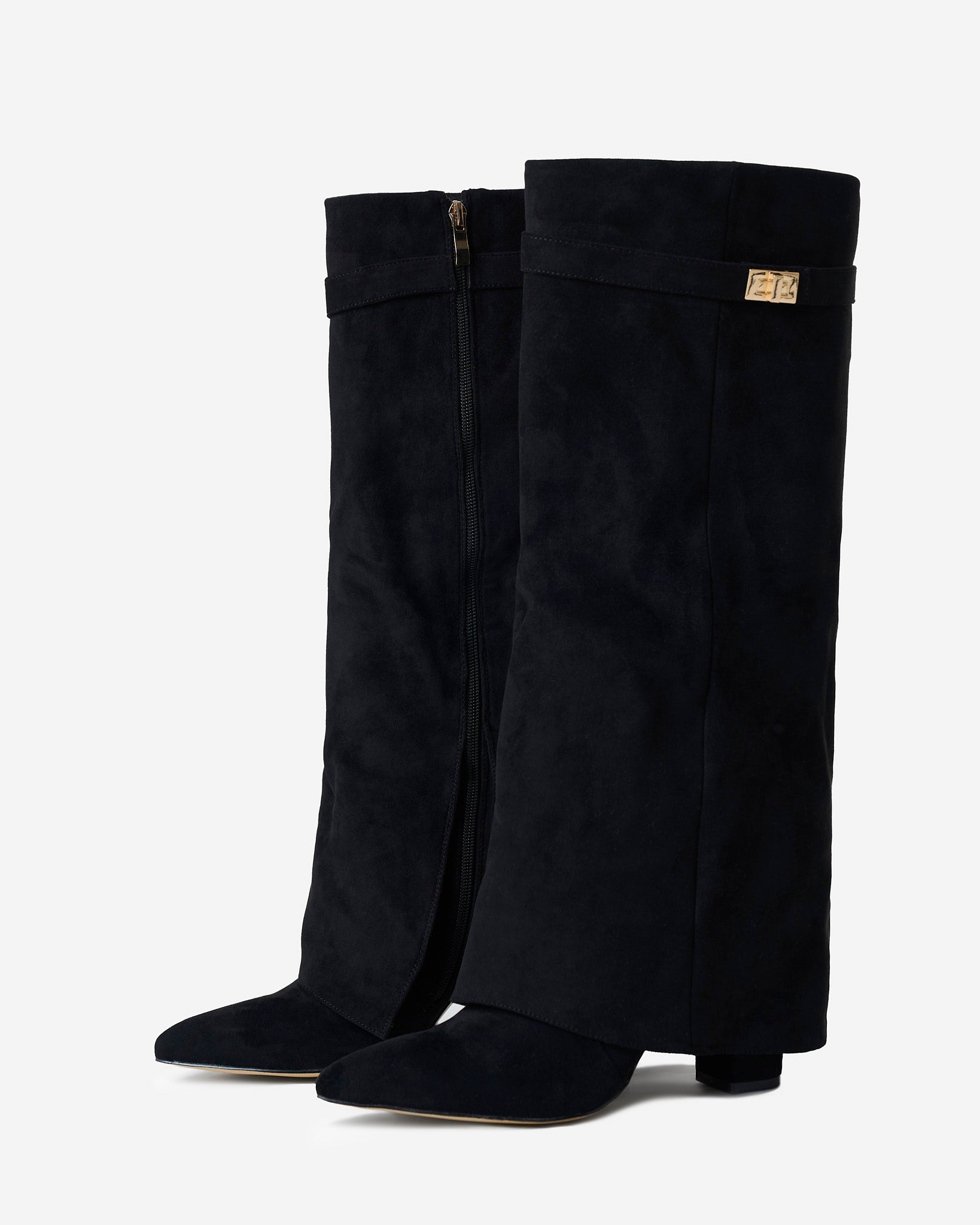 Mescini black fold over knee high boots, pointed toes seen from above, US size guide