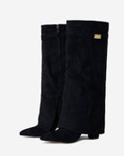 Mescini black fold over knee high boots, pointed toes seen from above, US size guide