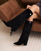 Mescini black fold over knee high boots, rear three quarter view of the shaft, US sizes