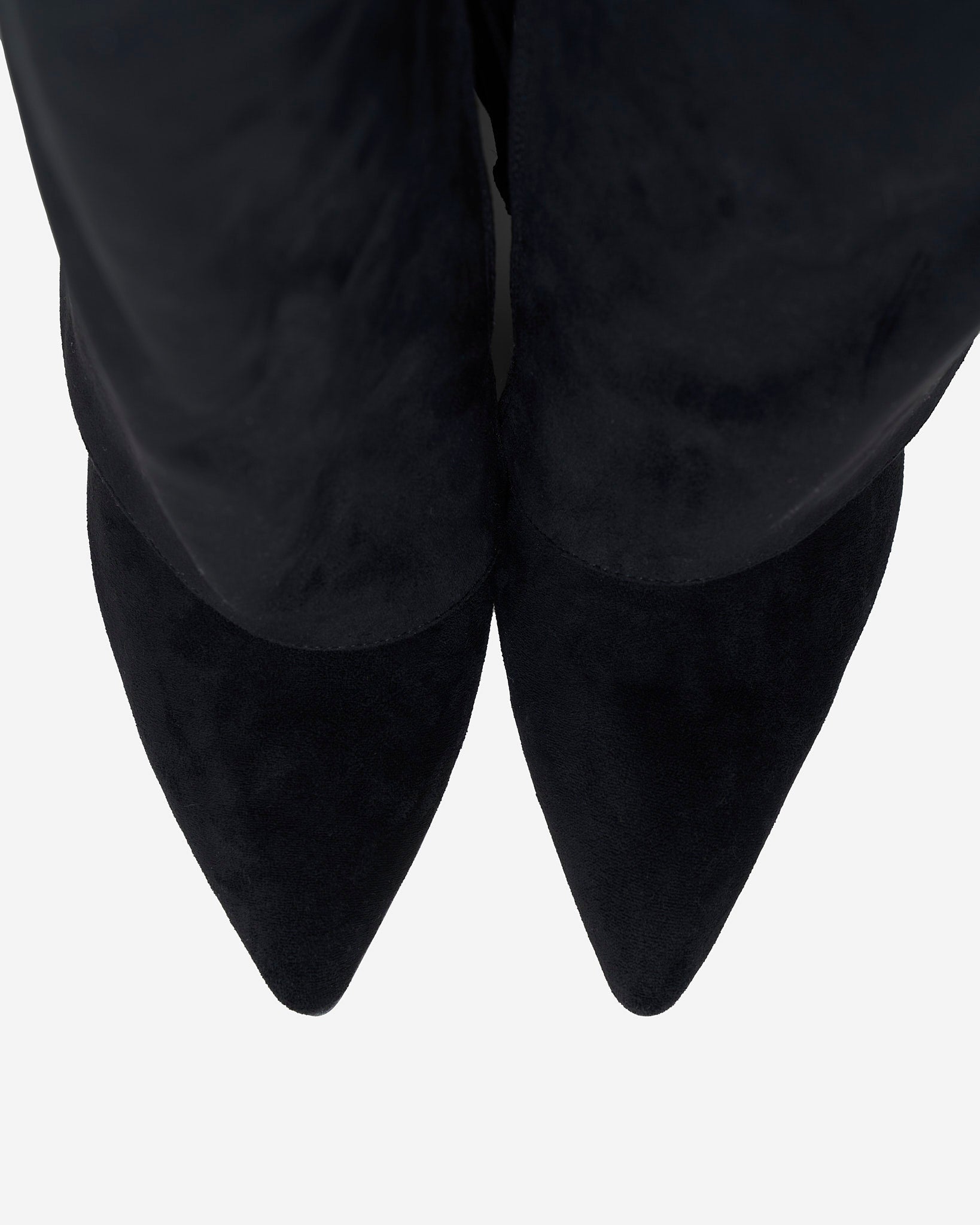 Mescini black fold over knee high boots, pair seen from the front, zip open, US sizes