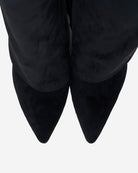 Mescini black fold over knee high boots, pair seen from the front, zip open, US sizes
