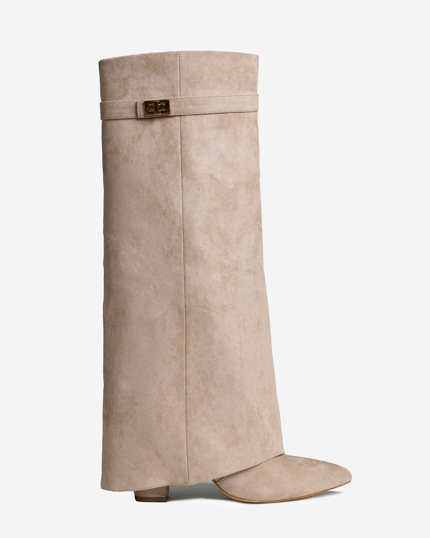Mescini beige fold over knee high boots, full side view on a studio backdrop, US sizes