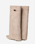 Mescini beige fold over knee high boots, close view of the cuff and turn lock, US sizes