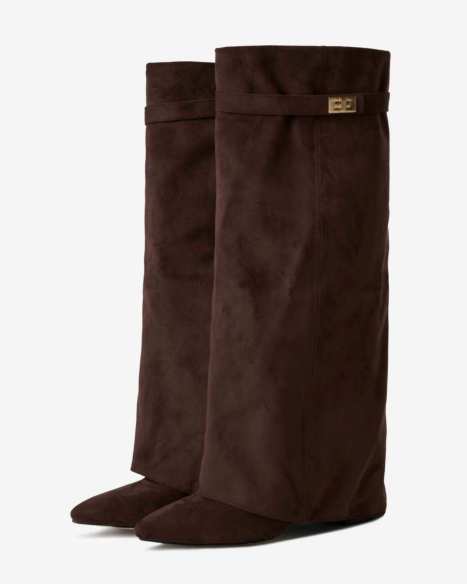 Mescini dark brown fold over knee high boots, angled pair view on a pale floor, US sizes