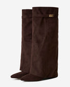 Mescini dark brown fold over knee high boots, angled pair view on a pale floor, US sizes