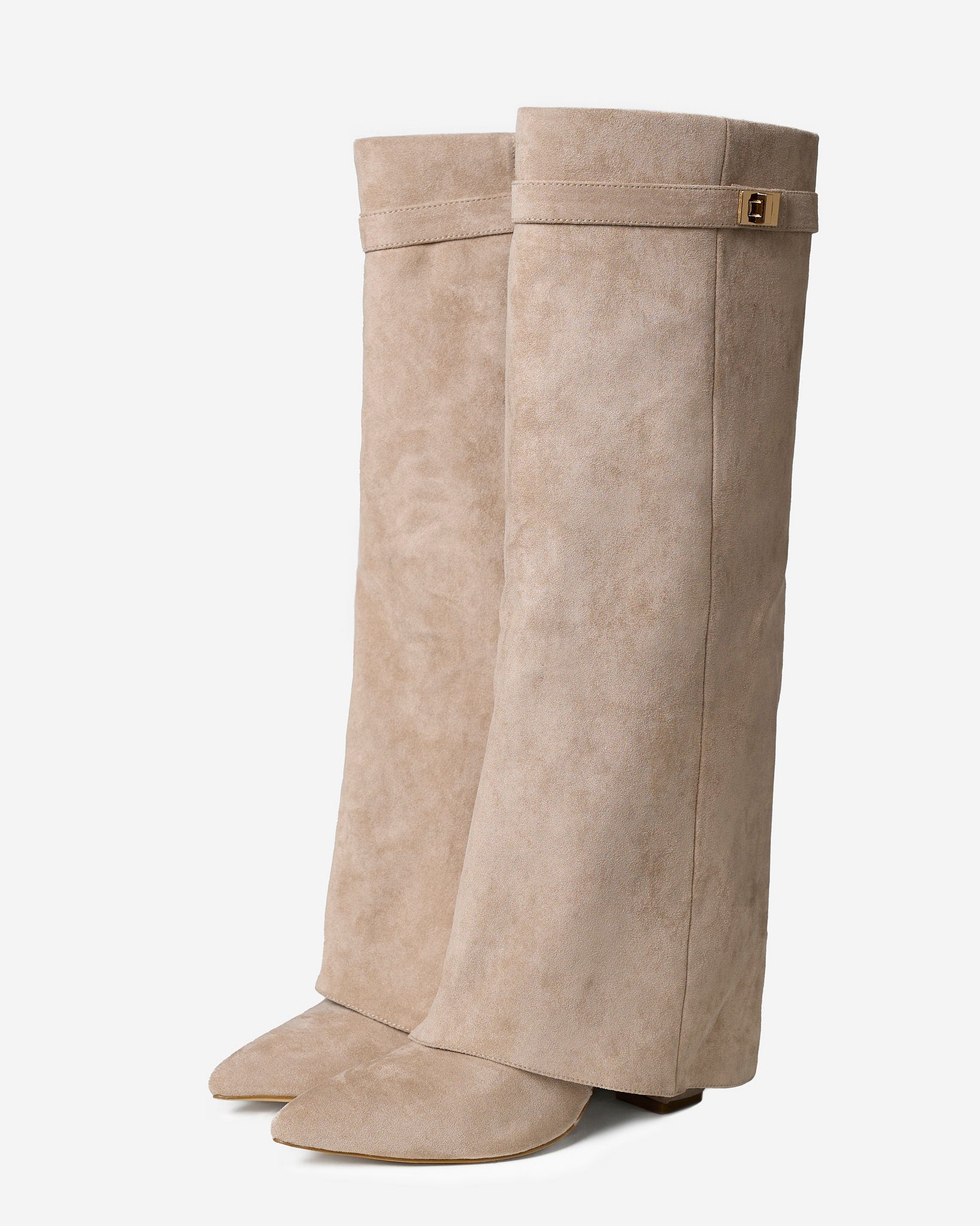 Mescini beige fold over knee high boots, rear three quarter view of the shaft, US sizes