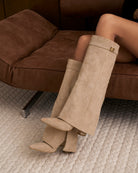 Mescini beige fold over knee high boots, pair seen from the front, zip open, US sizes