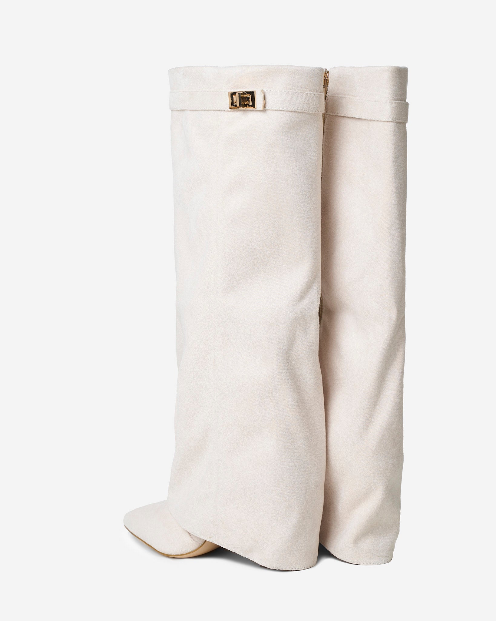 Mescini cream fold over knee high boots, close view of the cuff and turn lock, US sizes