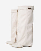 Mescini cream fold over knee high boots, rear three quarter view of the shaft, US sizes