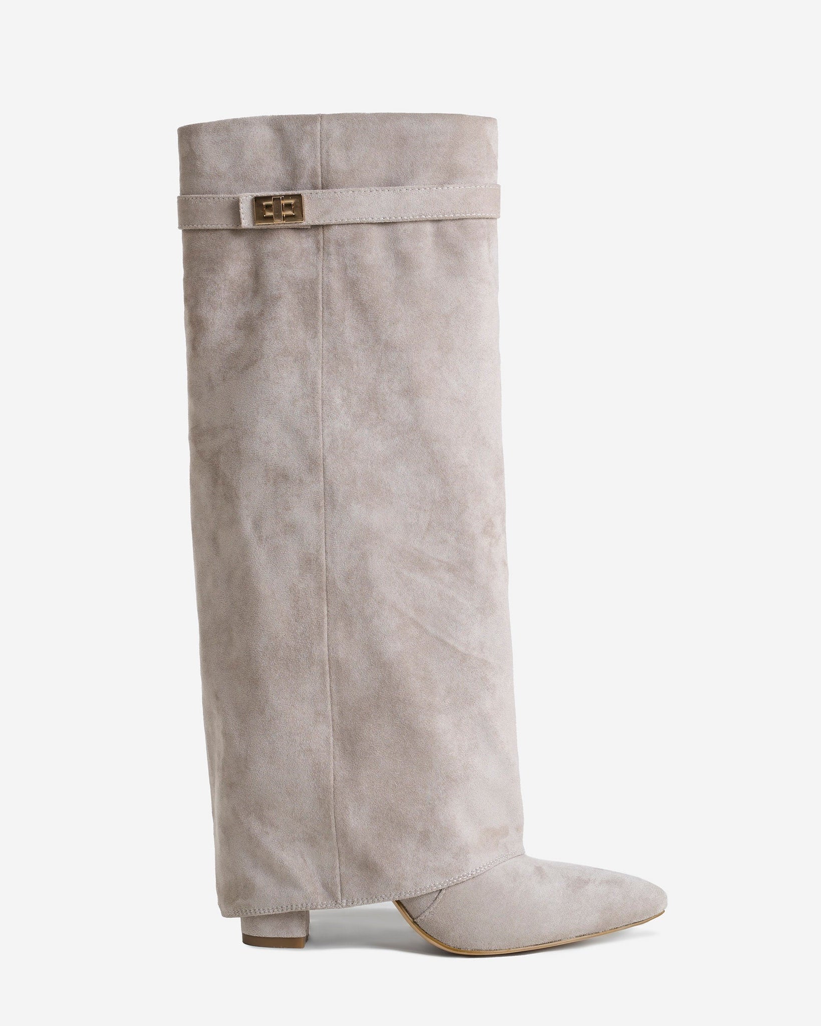 Mescini taupe fold over knee high boots, full side view on a studio backdrop, US sizes