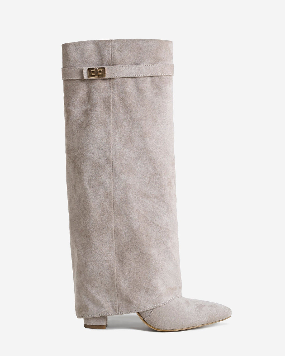 Mescini taupe fold over knee high boots, full side view on a studio backdrop, US sizes