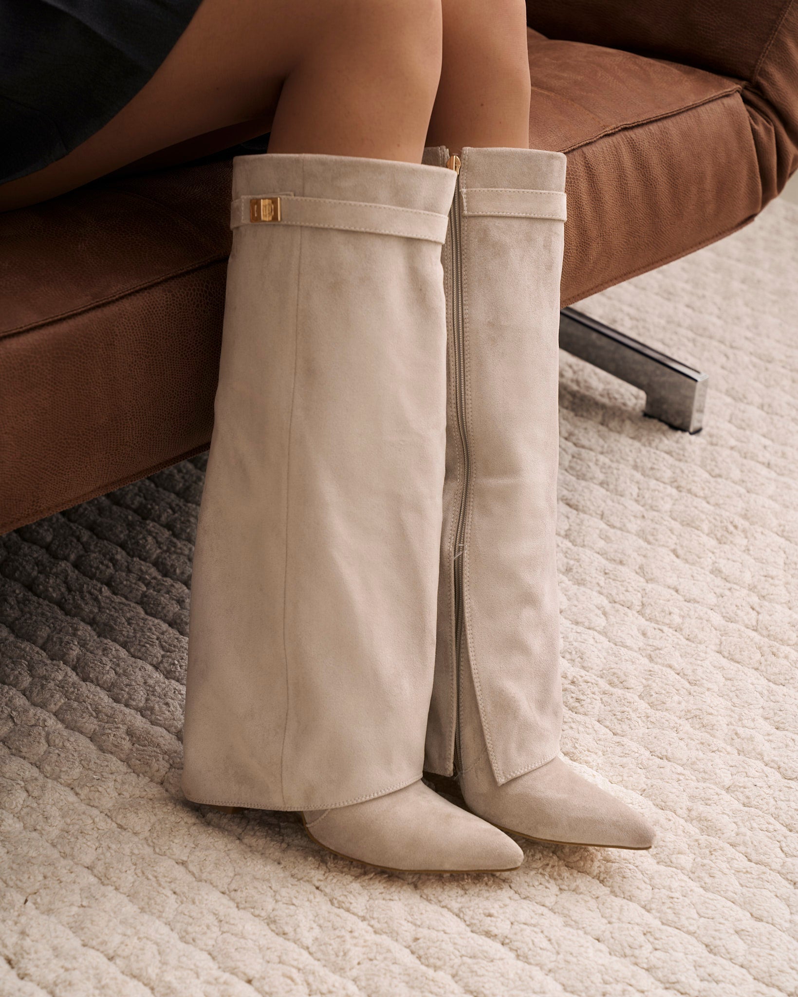 Mescini taupe fold over knee high boots, angled pair view on a pale floor, US sizes