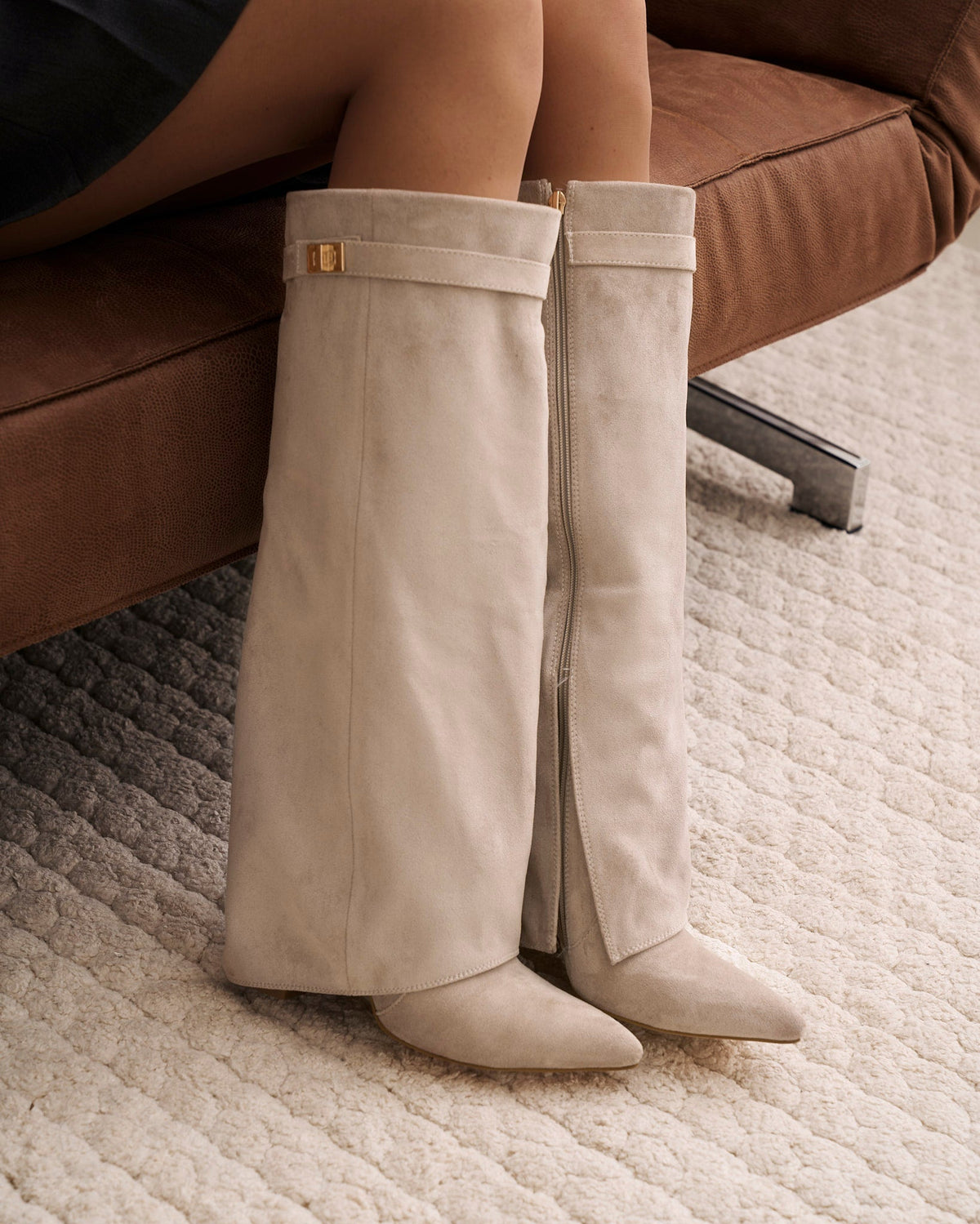Mescini taupe fold over knee high boots, angled pair view on a pale floor, US sizes