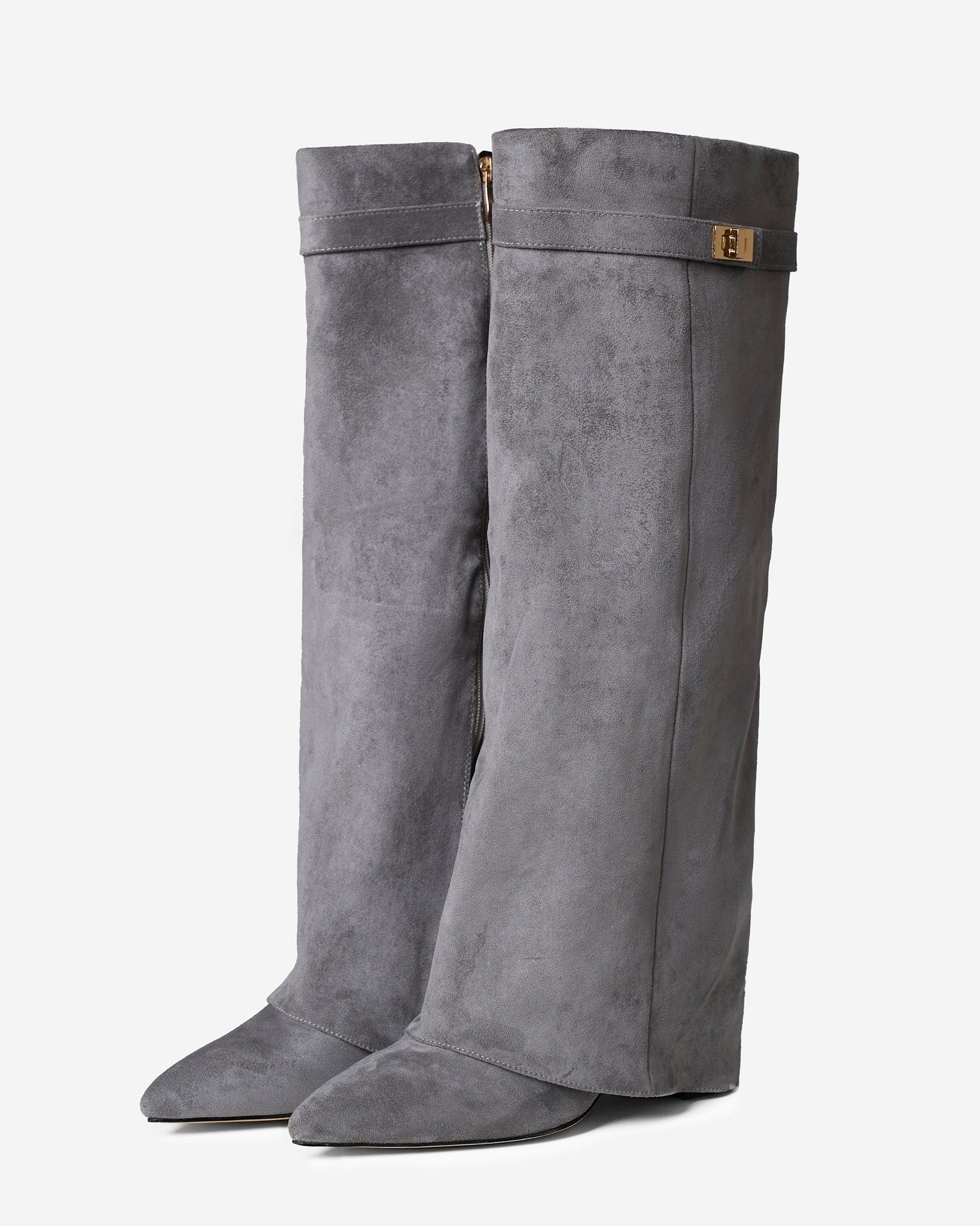 Mescini grey fold over knee high boots, worn by a model seated on a bench, US sizes
