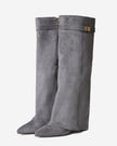 Mescini grey fold over knee high boots, worn by a model seated on a bench, US sizes
