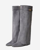 Mescini grey fold over knee high boots, worn by a model seated on a bench, US sizes