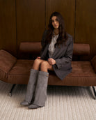 Mescini grey fold over knee high boots, close view of the cuff and turn lock, US sizes