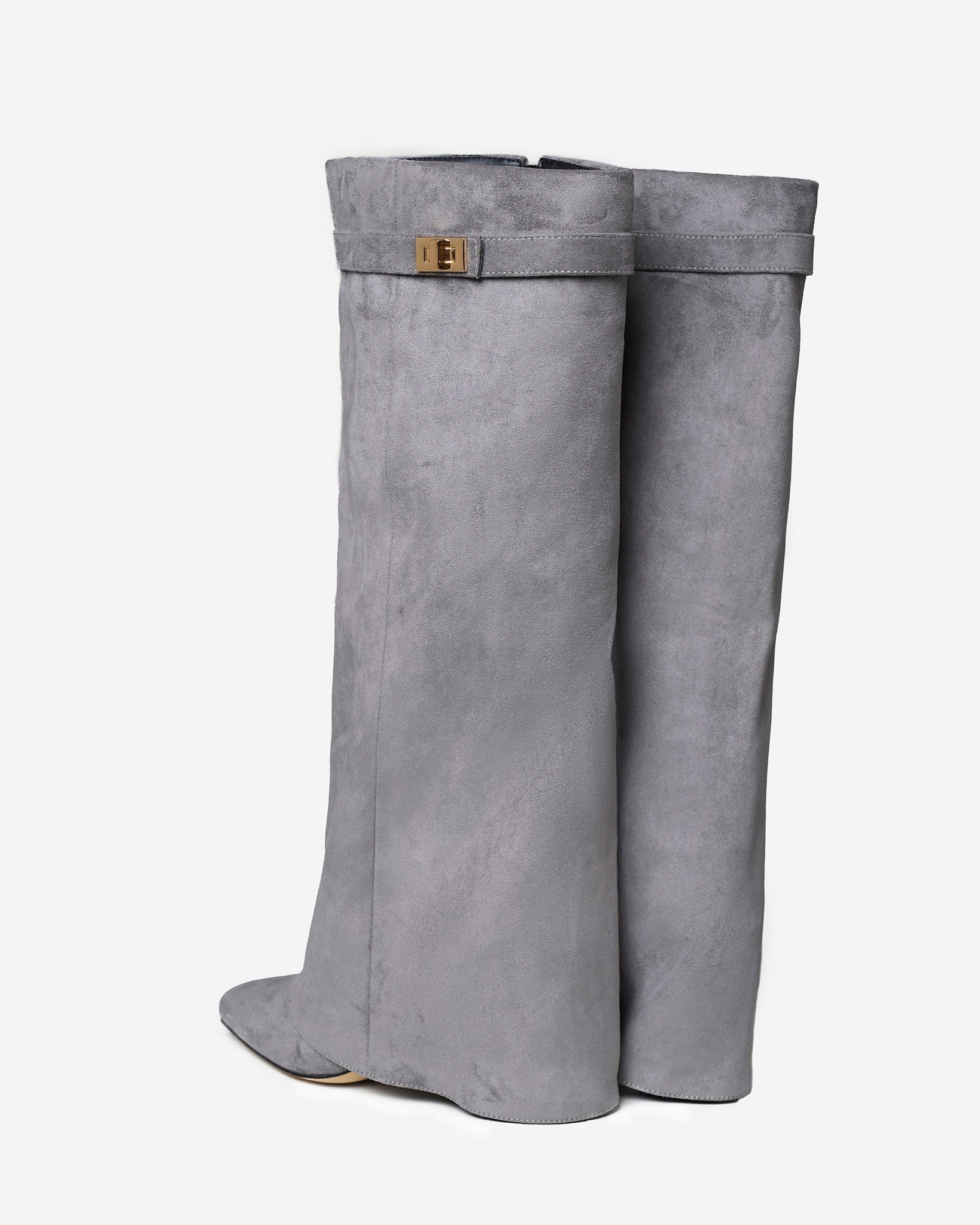 Mescini grey fold over knee high boots, pointed toes seen from above, US size guide