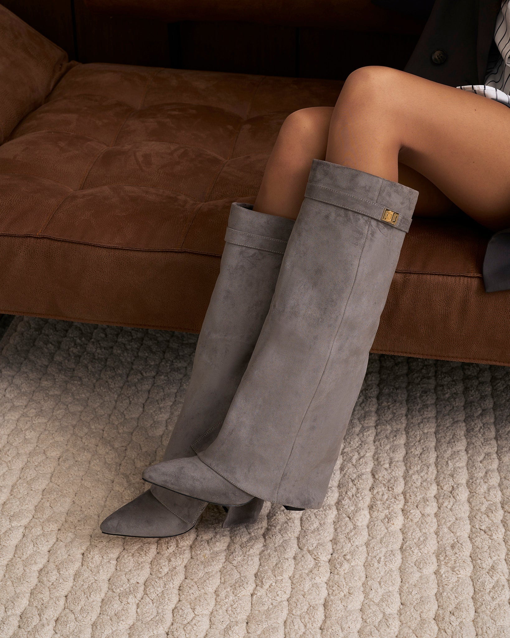 Mescini grey fold over knee high boots, rear three quarter view of the shaft, US sizes