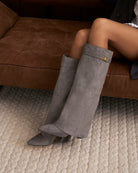 Mescini grey fold over knee high boots, rear three quarter view of the shaft, US sizes