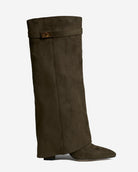 Mescini olive green fold over knee high boots, full side view on a studio backdrop, US sizes