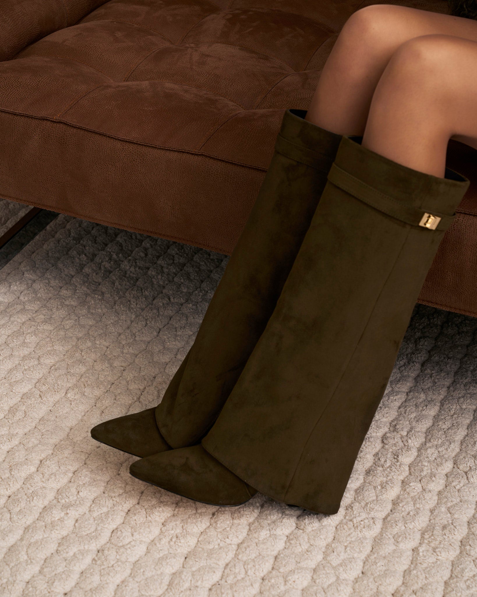 Mescini olive green fold over knee high boots, angled pair view on a pale floor, US sizes