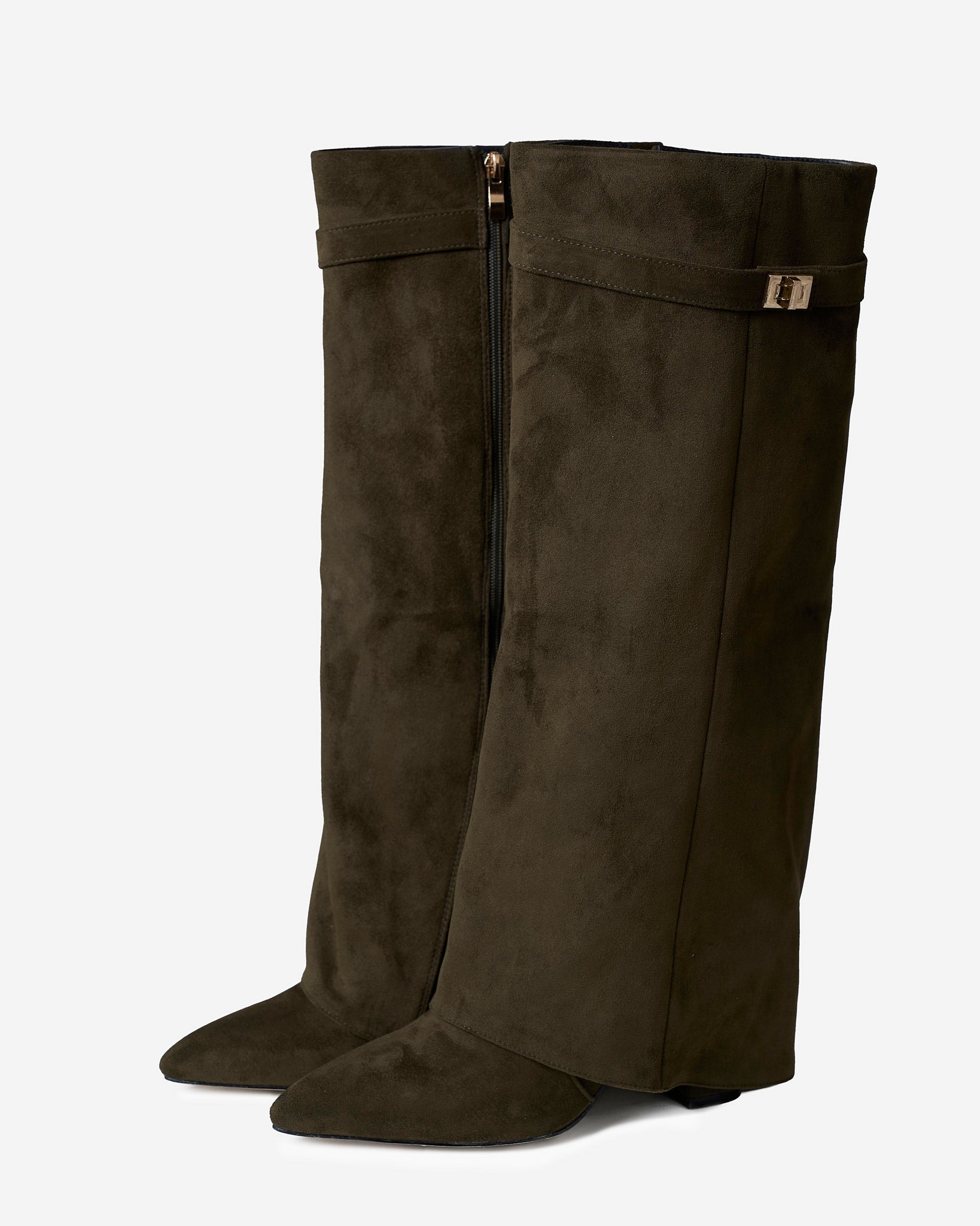 Mescini olive green fold over knee high boots, close view of the cuff and turn lock, US sizes
