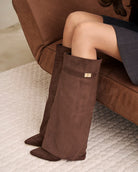 Mescini dark brown fold over knee high boots, close view of the cuff and turn lock, US sizes