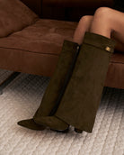 Mescini olive green fold over knee high boots, pointed toes seen from above, US sizes