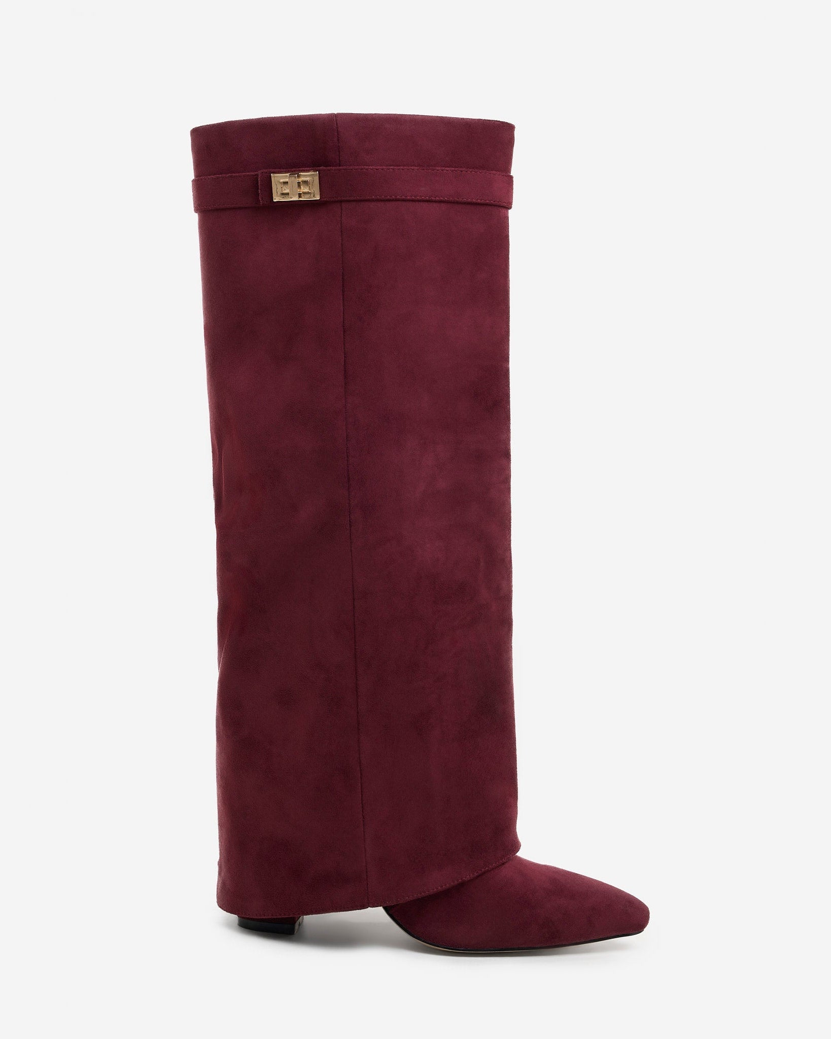 Mescini burgundy fold over knee high boots, full side view on a studio backdrop, US sizes