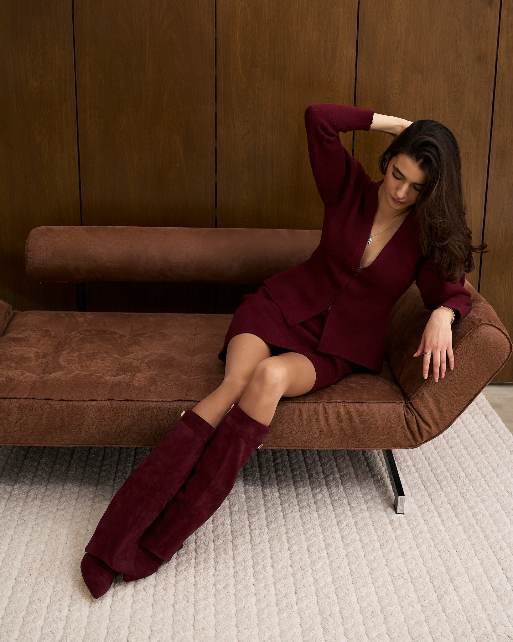 Mescini burgundy fold over knee high boots, close view of the cuff and turn lock, US sizes
