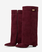 Mescini burgundy fold over knee high boots, pointed toes seen from above, US sizes