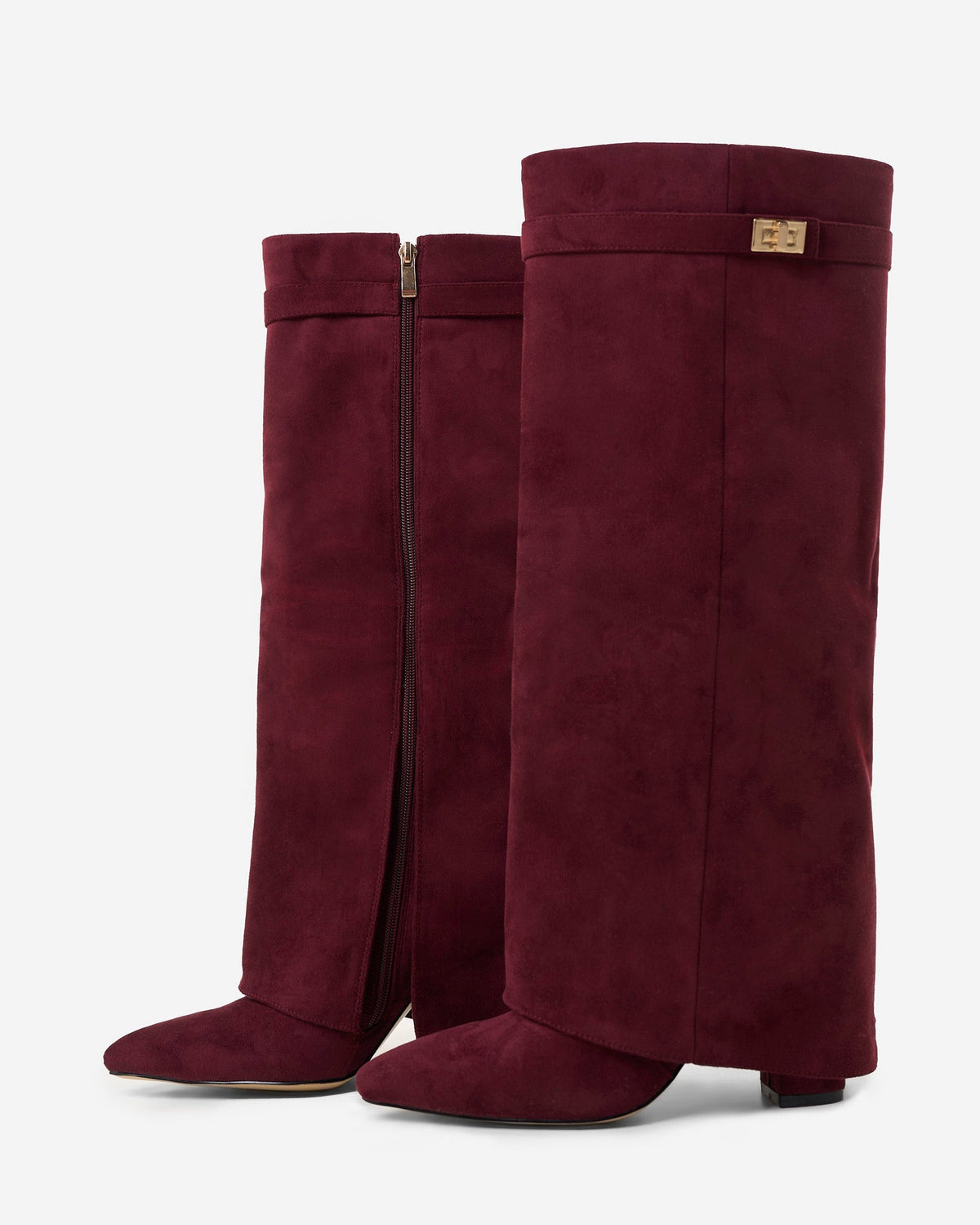 Mescini burgundy fold over knee high boots, pointed toes seen from above, US sizes