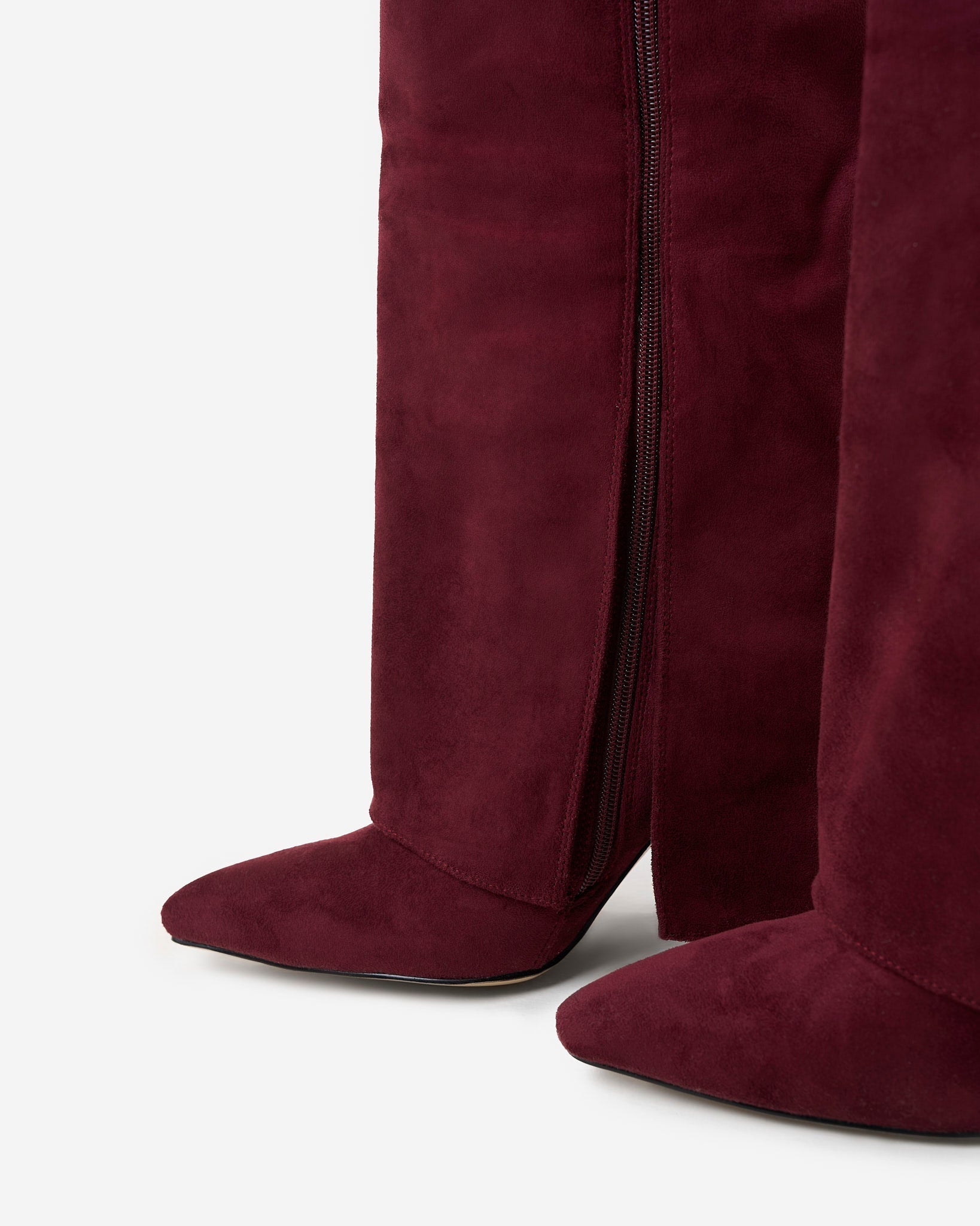 Mescini burgundy fold over knee high boots, rear three quarter view of the shaft, US sizes