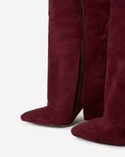 Mescini burgundy fold over knee high boots, rear three quarter view of the shaft, US sizes
