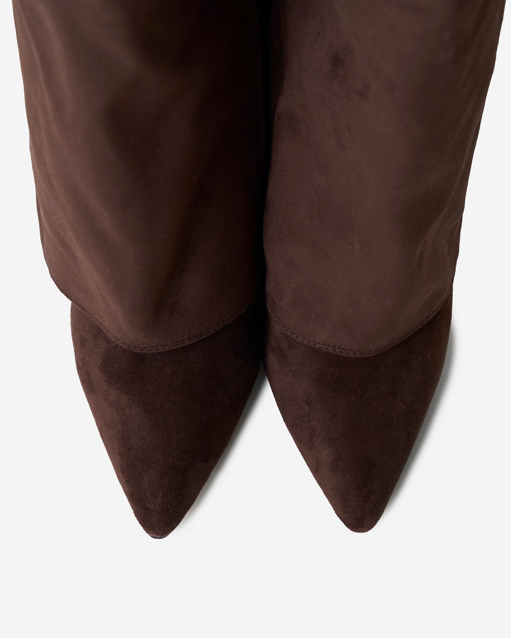 Mescini dark brown fold over knee high boots, pointed toes seen from above, US sizes