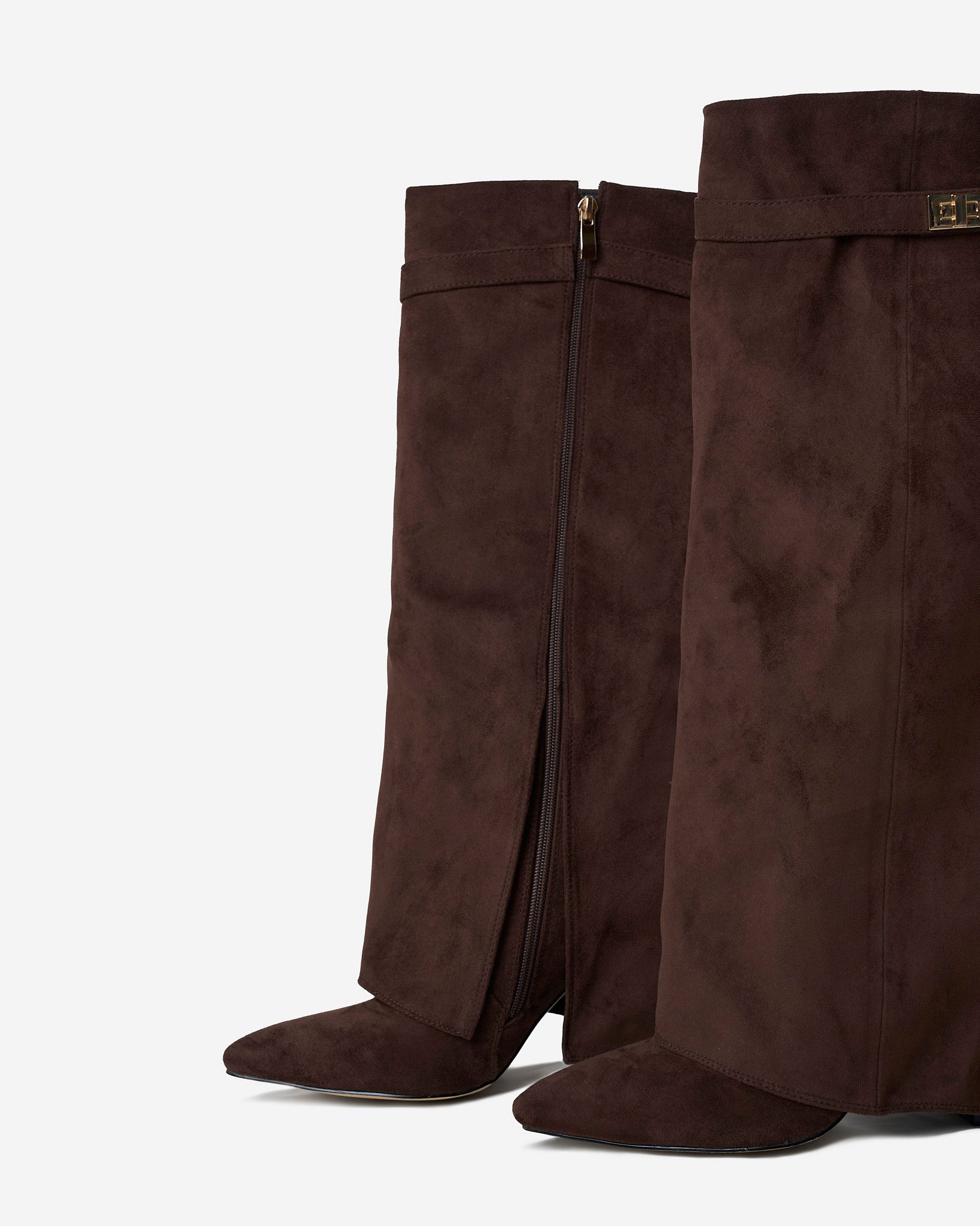 Mescini dark brown fold over knee high boots, pair seen from the front, zip open, US sizes