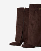 Mescini dark brown fold over knee high boots, pair seen from the front, zip open, US sizes