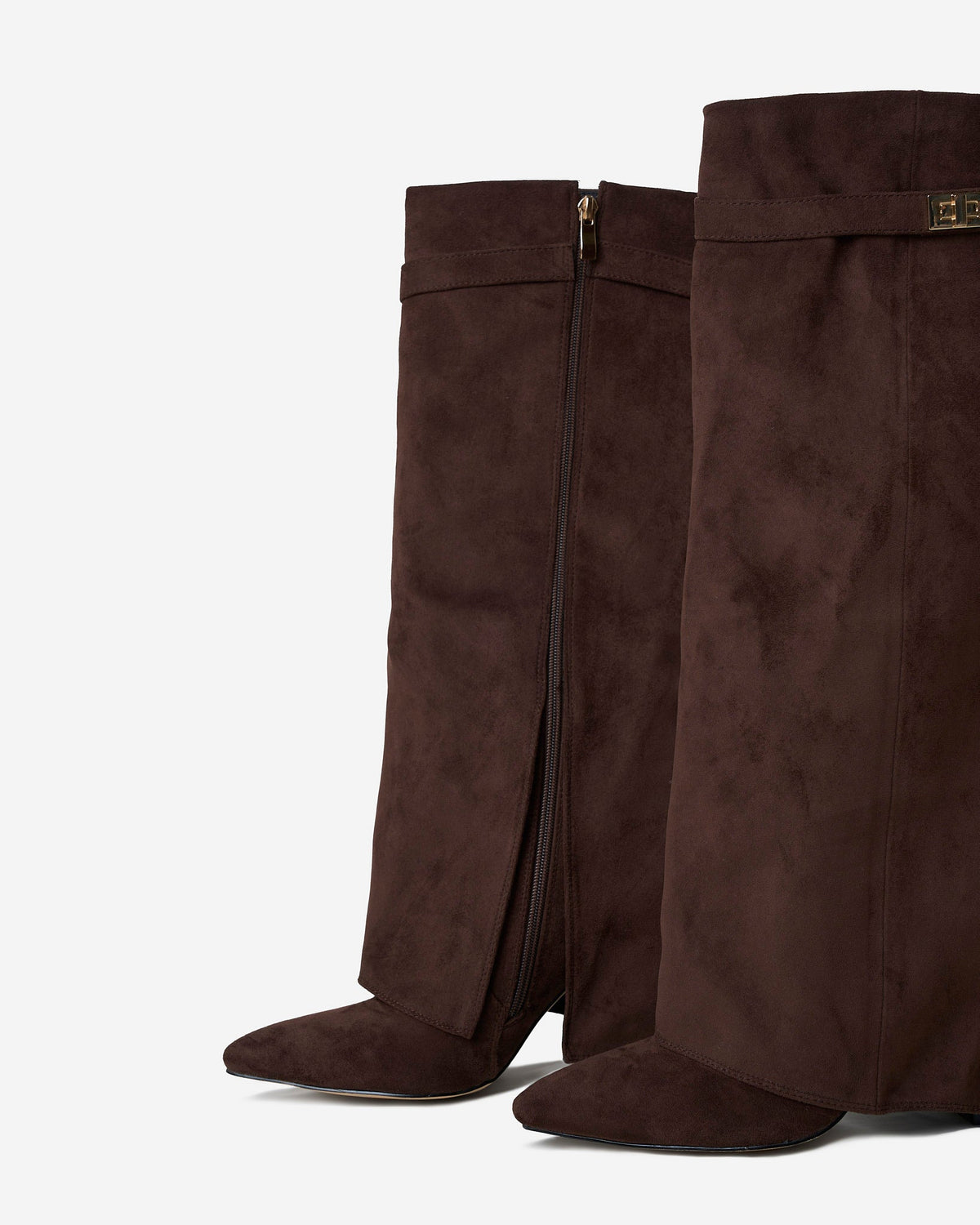 Mescini dark brown fold over knee high boots, pair seen from the front, zip open, US sizes