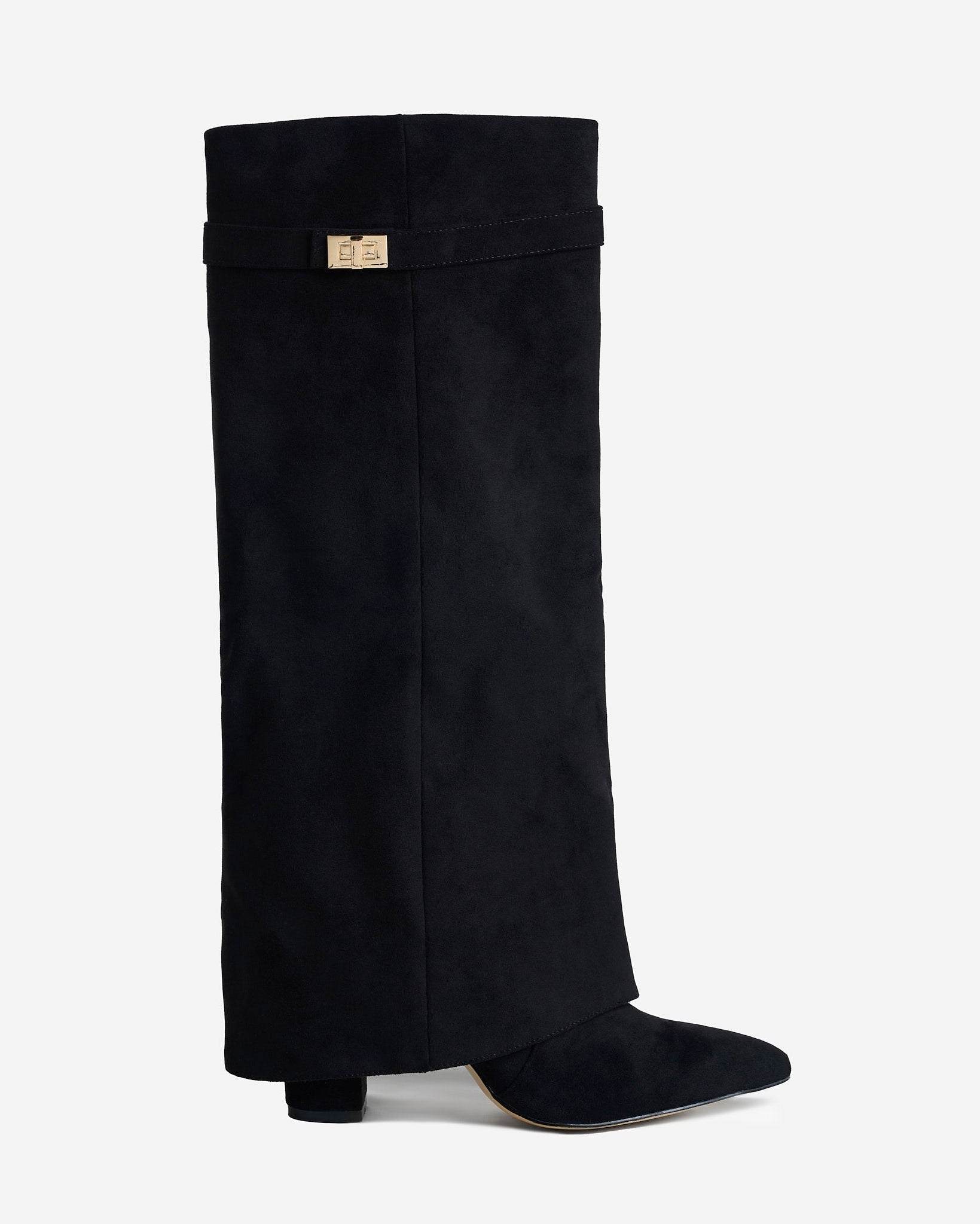 Mescini black fold over knee high boots, full side view on a studio backdrop, US sizes