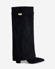 Mescini black fold over knee high boots, full side view on a studio backdrop, US sizes