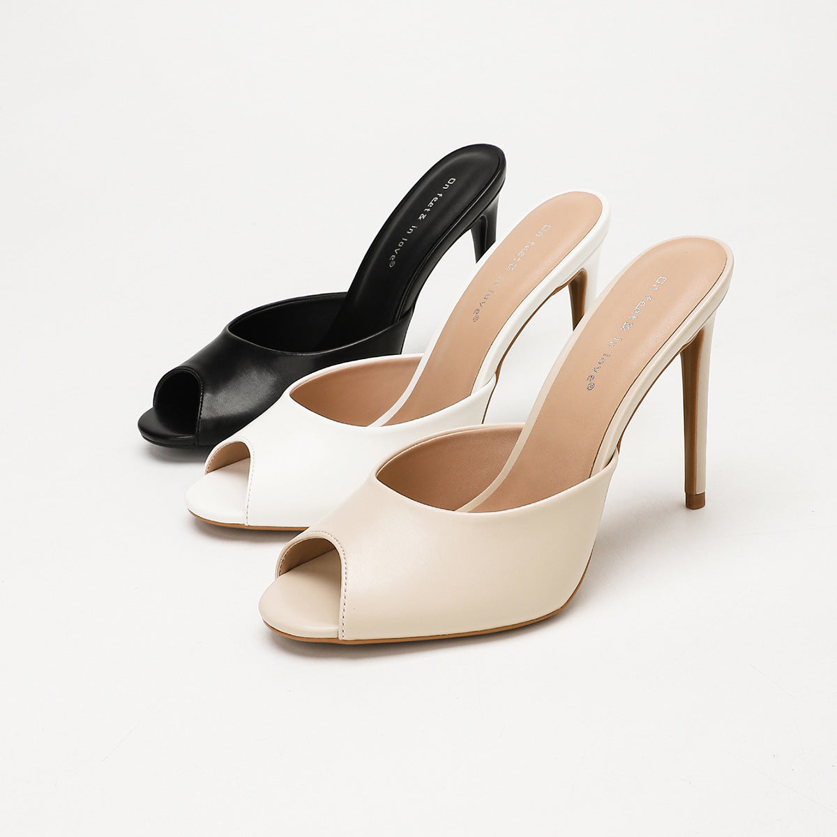 Mescini - black, white and apricot peep toe stiletto mules, angled trio, US women's sizes