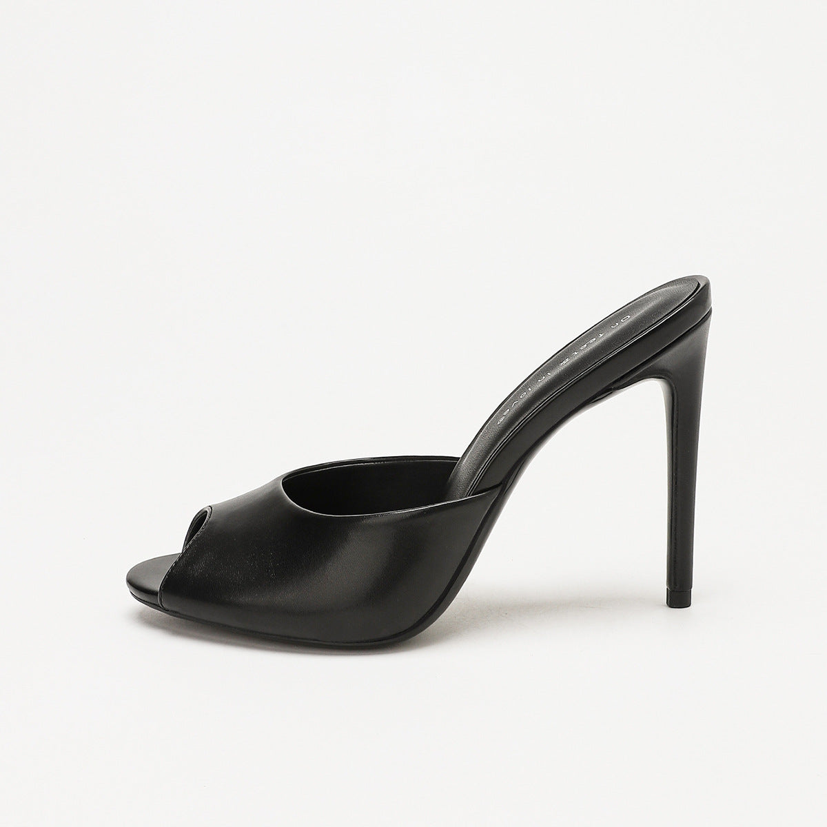 Mescini - black peep toe stiletto mule side profile with slim heel, US women's sizes