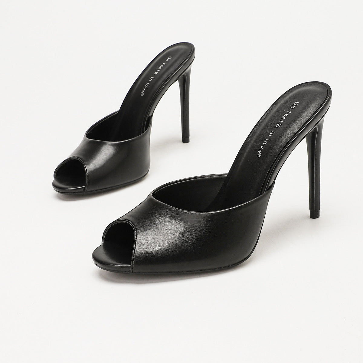 Mescini - black peep toe stiletto mules as a pair, open back and vamp, US women's sizes