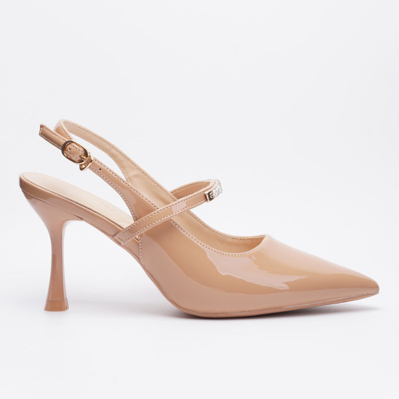 Mescini nude crystal strap pointed slingback pumps, single shoe photographed in profile, US women's sizes