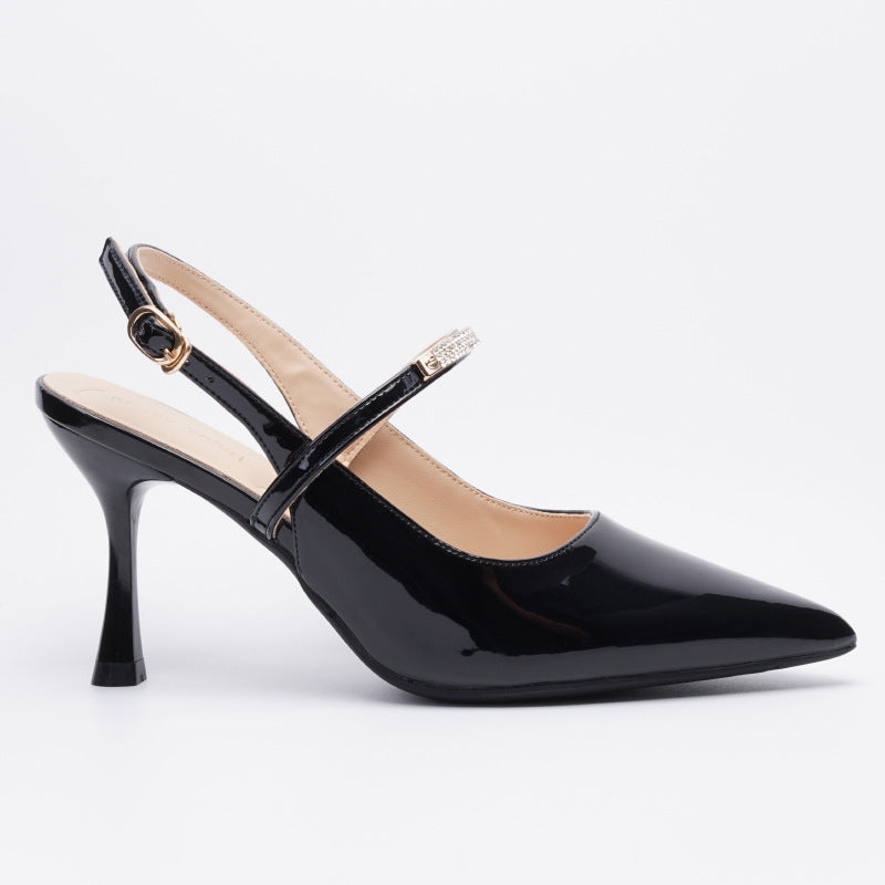 Mescini black crystal strap pointed slingback pumps, single shoe in side profile on white, US women's sizes
